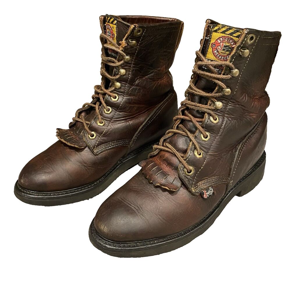 Justin Original Work Boots Mens 7.5 D Brown Leather Kiltie Lacer USA Made 764